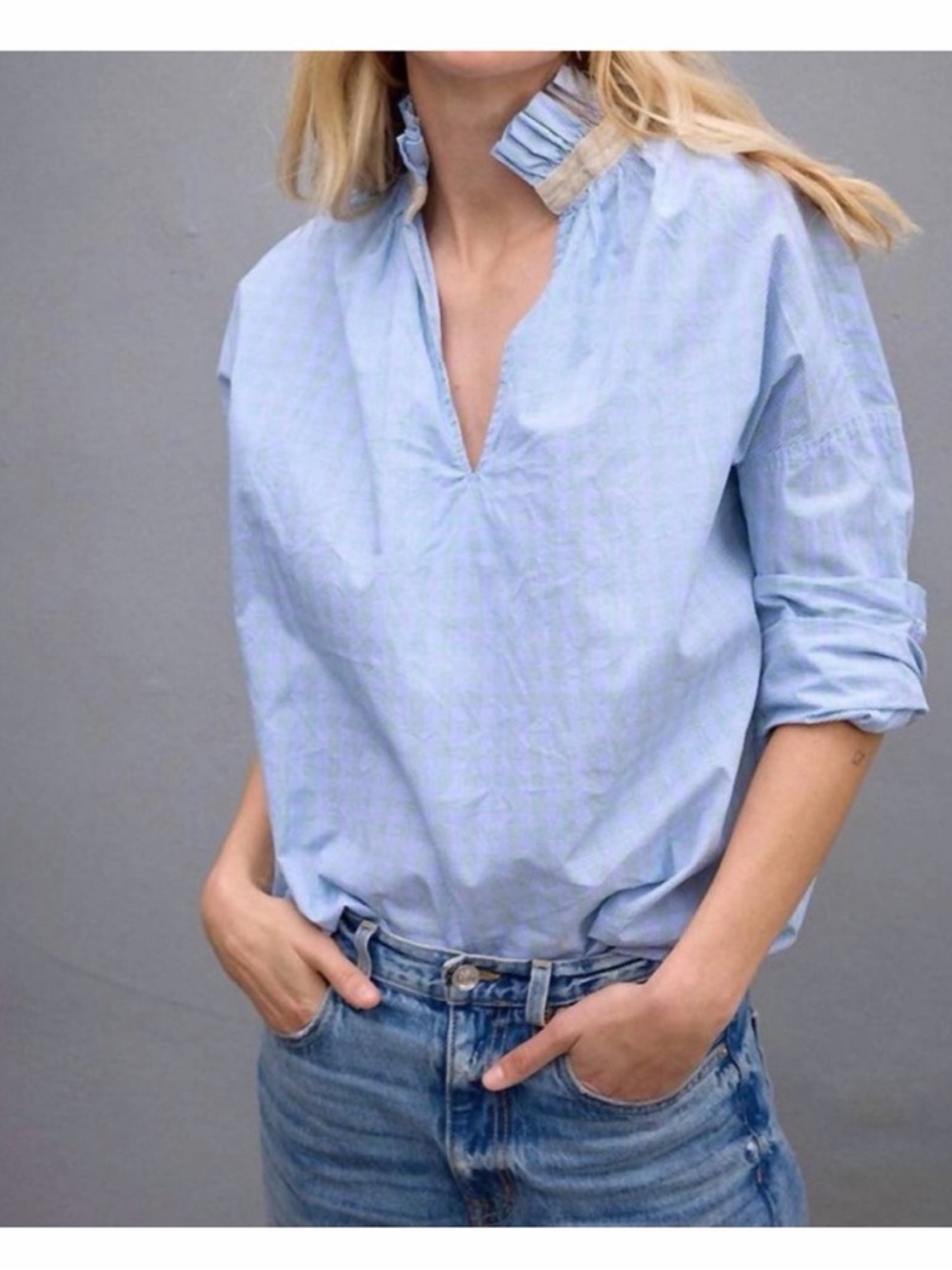 Set of 2 A Shirt Thing Penelope Blouse White Blue Size Small Ruffle Neck Cotton